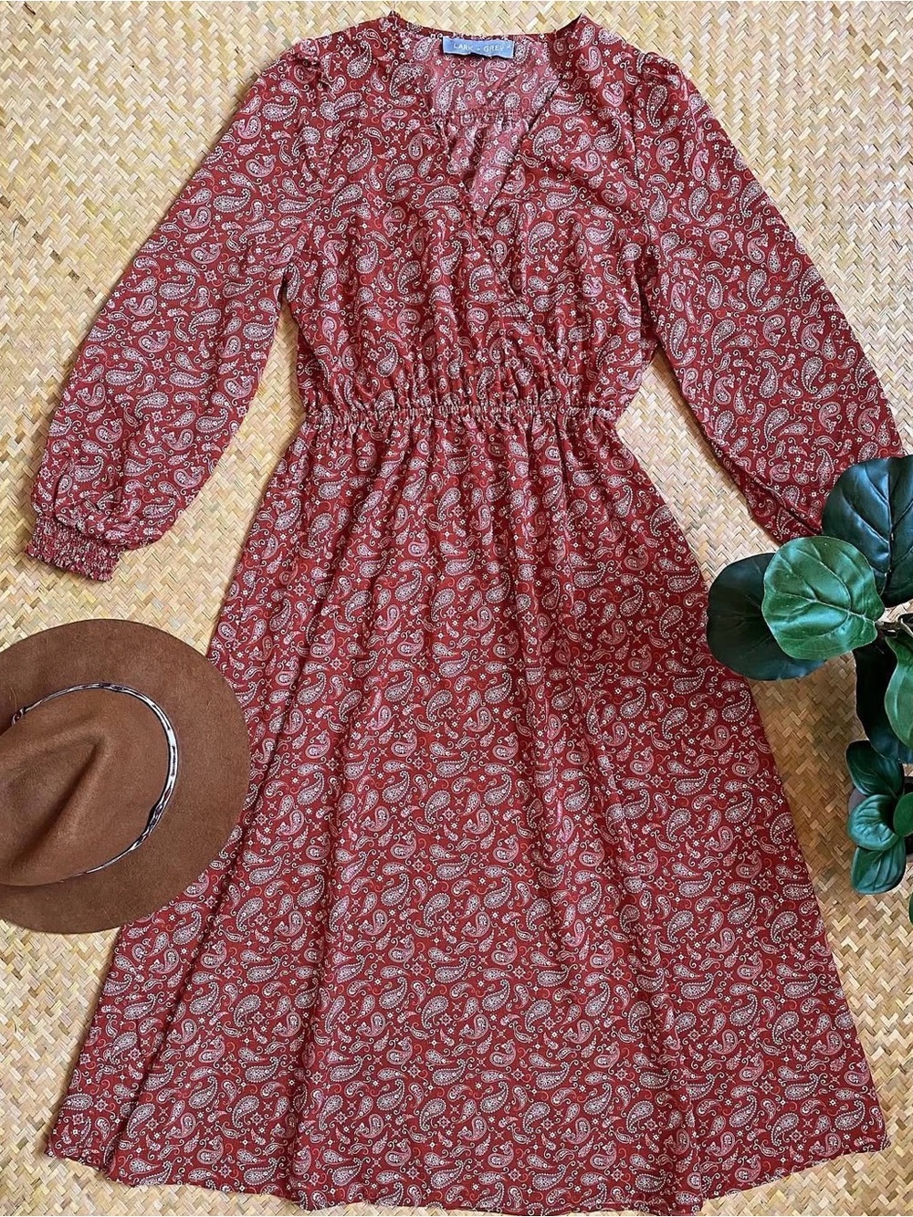 Lark + Grey Long-Sleeve Rust Paisley Midi Dress